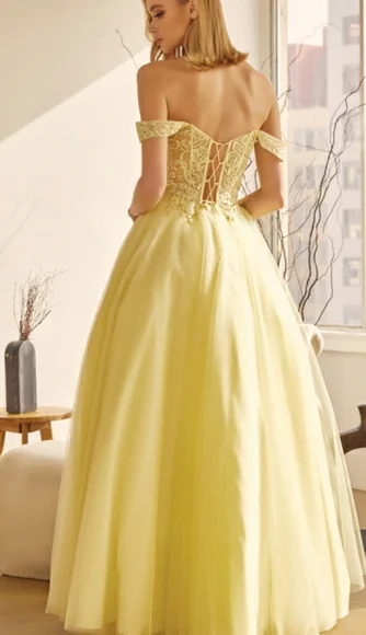 New long navy, royal, yellow, off the shoulder embroidered tulle ball gown dress - Picture 4 of 13